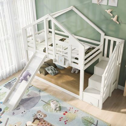 Lit superposé cabane toboggan fenêtre 90x200 Lilla Kids