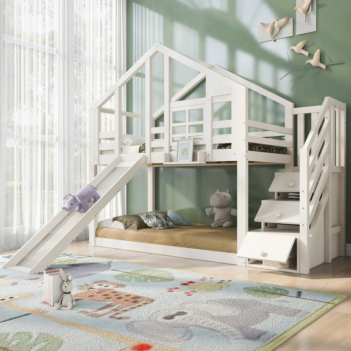 Lit superposé cabane toboggan fenêtre 90x200 Lilla Kids