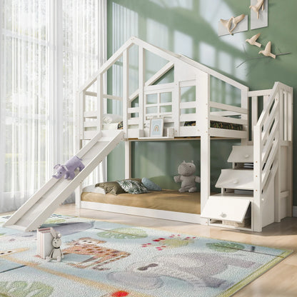 Lit superposé cabane toboggan fenêtre 90x200 Lilla Kids