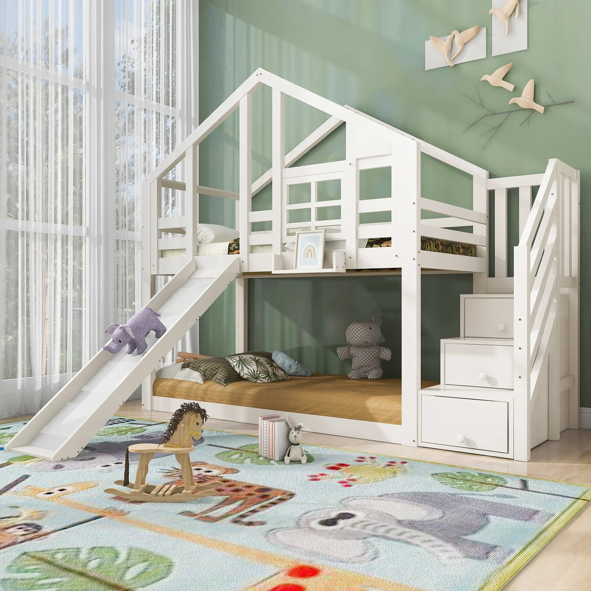 Lit superposé cabane toboggan fenêtre 90x200 Lilla Kids