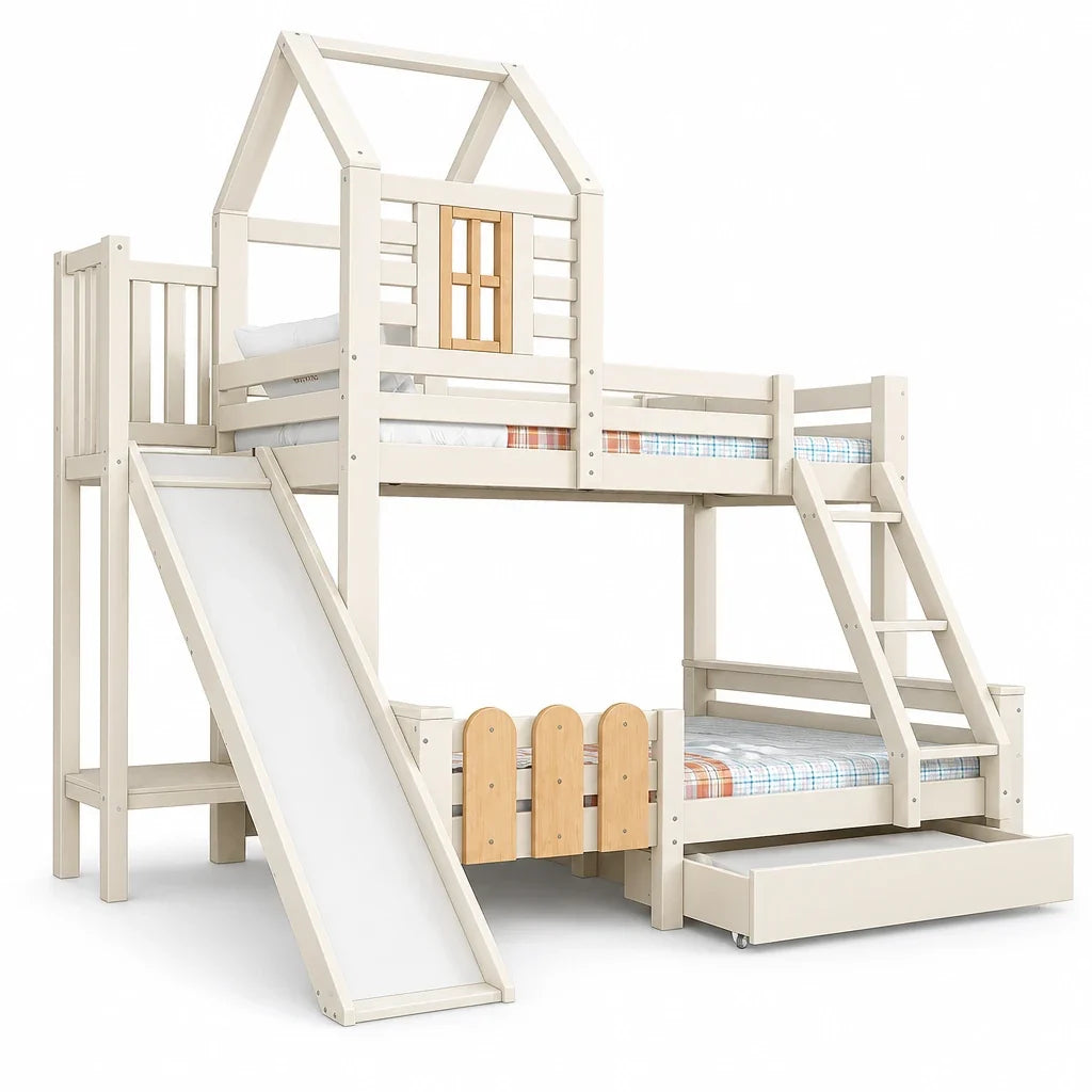 Lit superposé cabane toboggan tiroirs 90 et 140 Lilla Kids