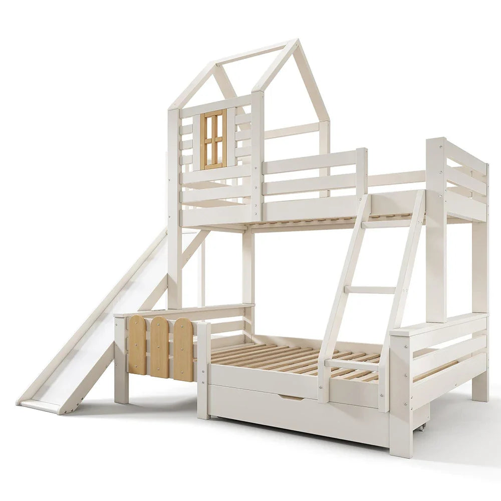 Lit superposé cabane toboggan tiroirs 90 et 140 Lilla Kids