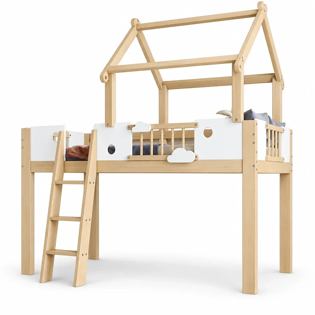 Lit superposé cabane toit design échelle 90x200 Lilla Kids