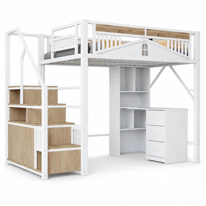 Lit superposé métal cabane fenêtre bureau 140x200 Lilla Kids