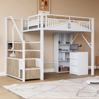 Lit superposé métal cabane fenêtre bureau 140x200 Lilla Kids