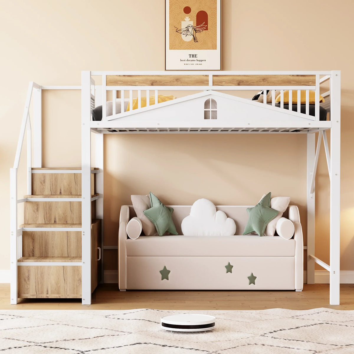 Lit superposé métal cabane fenêtre bureau 140x200 Lilla Kids