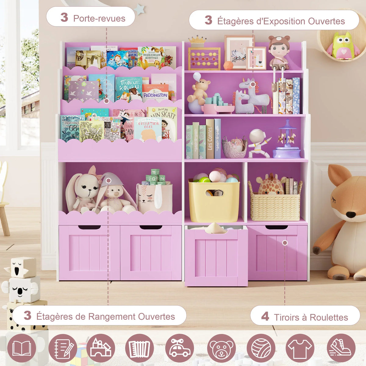 Meuble à jouets 4 tiroirs 6 cases 40x120 Lilla Kids