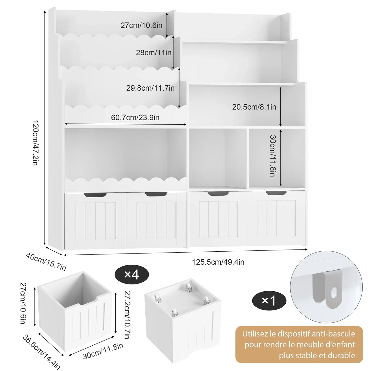 Meuble à jouets 4 tiroirs 6 cases 40x120 Lilla Kids