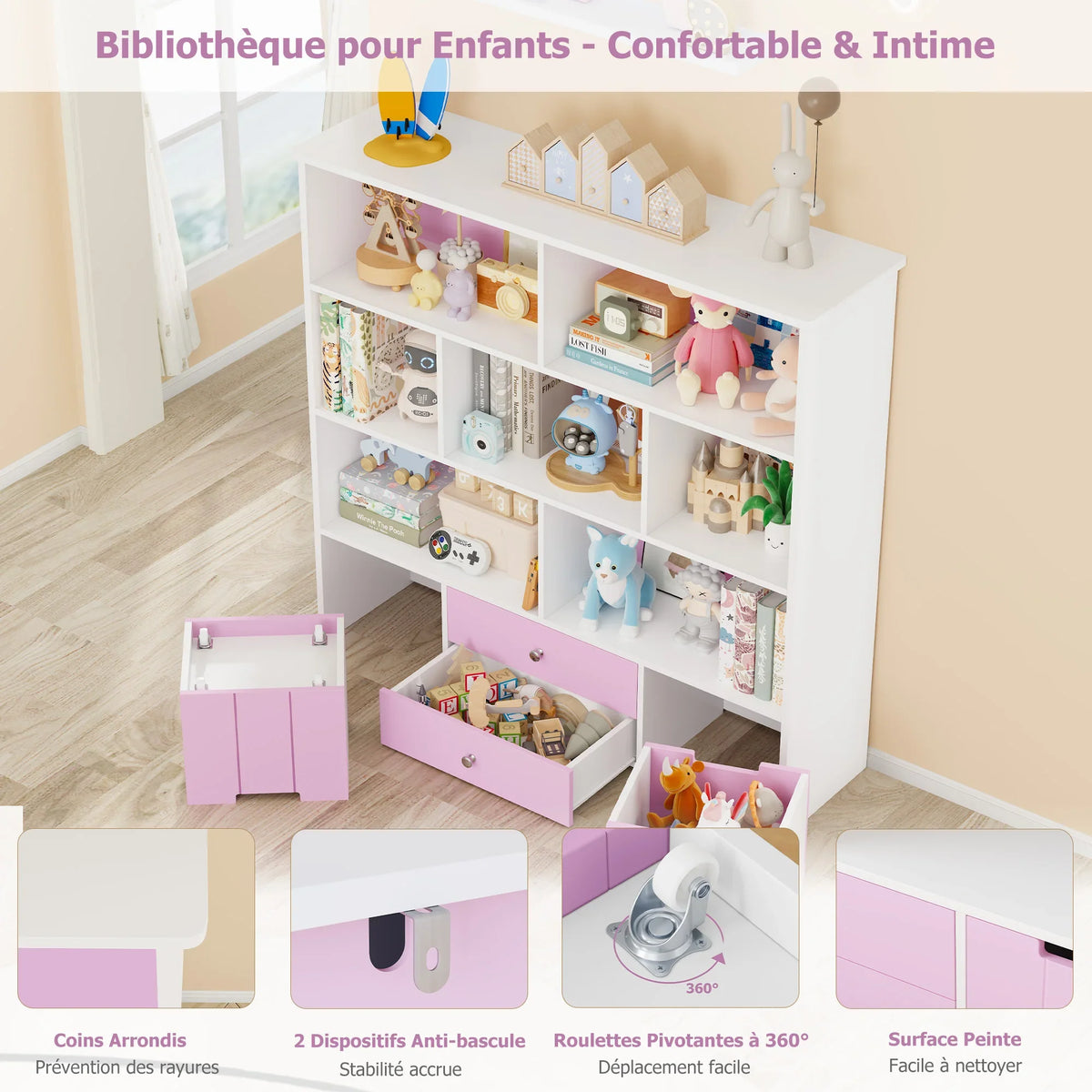 Meuble à jouets 4 tiroirs 7 cases à roulettes Lilla Kids