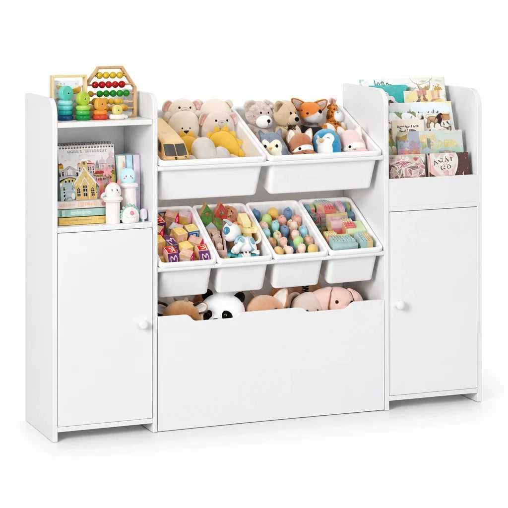 Meuble à jouets 6 bacs 2 portes à roulettes 138cm Lilla Kids