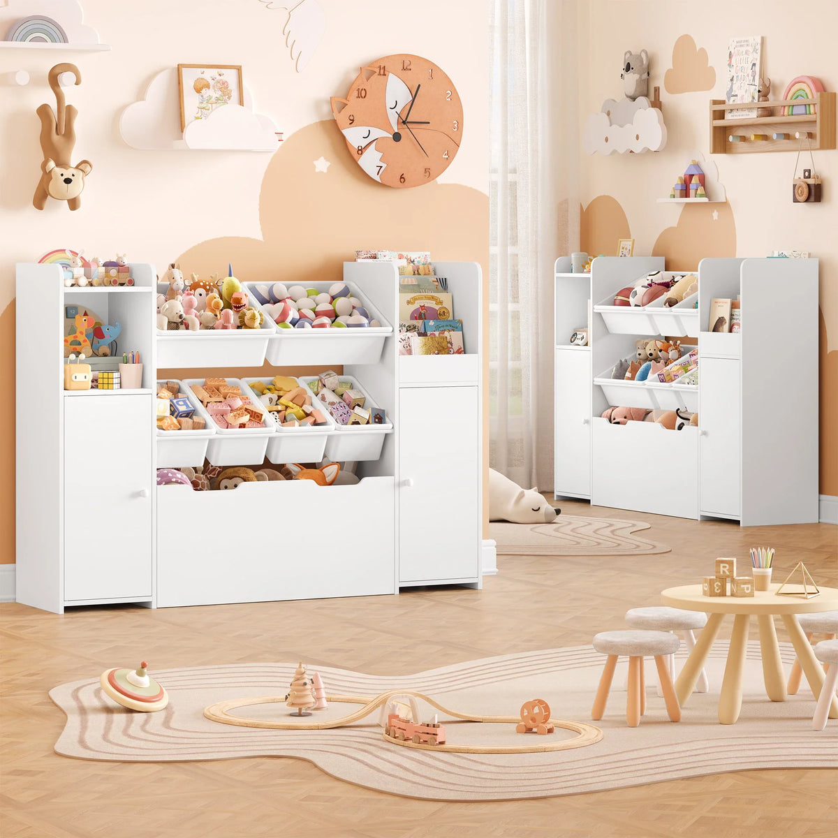 Meuble à jouets 6 bacs 2 portes à roulettes 138cm Lilla Kids