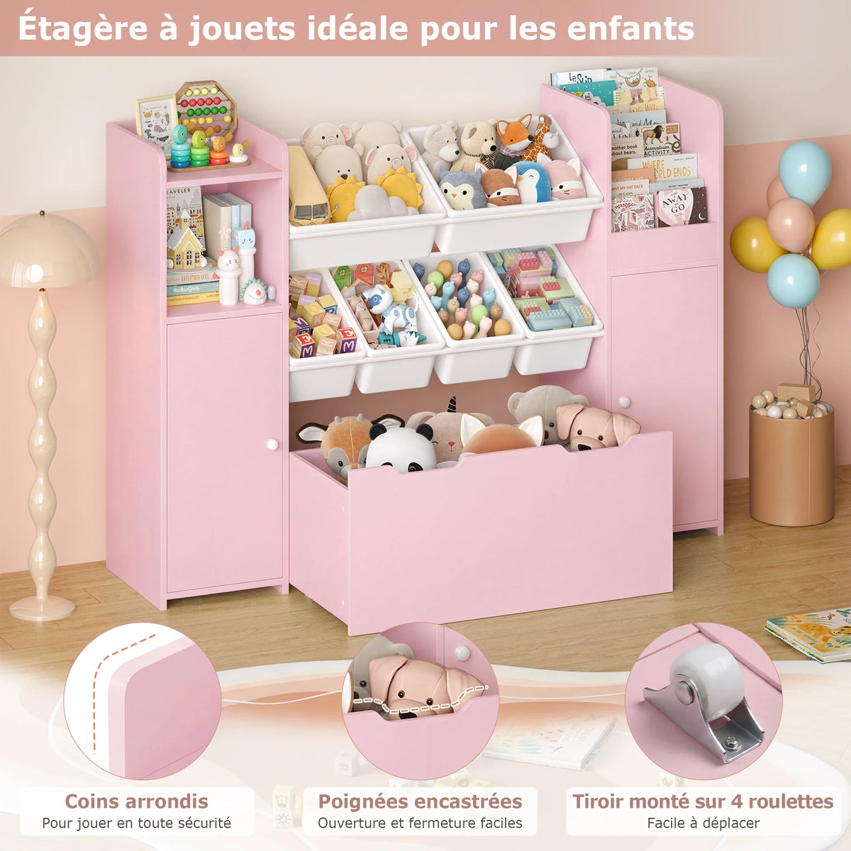 Meuble à jouets 6 bacs 2 portes à roulettes 138cm Lilla Kids