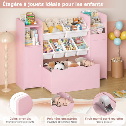 Meuble à jouets 6 bacs 2 portes à roulettes 138cm Lilla Kids