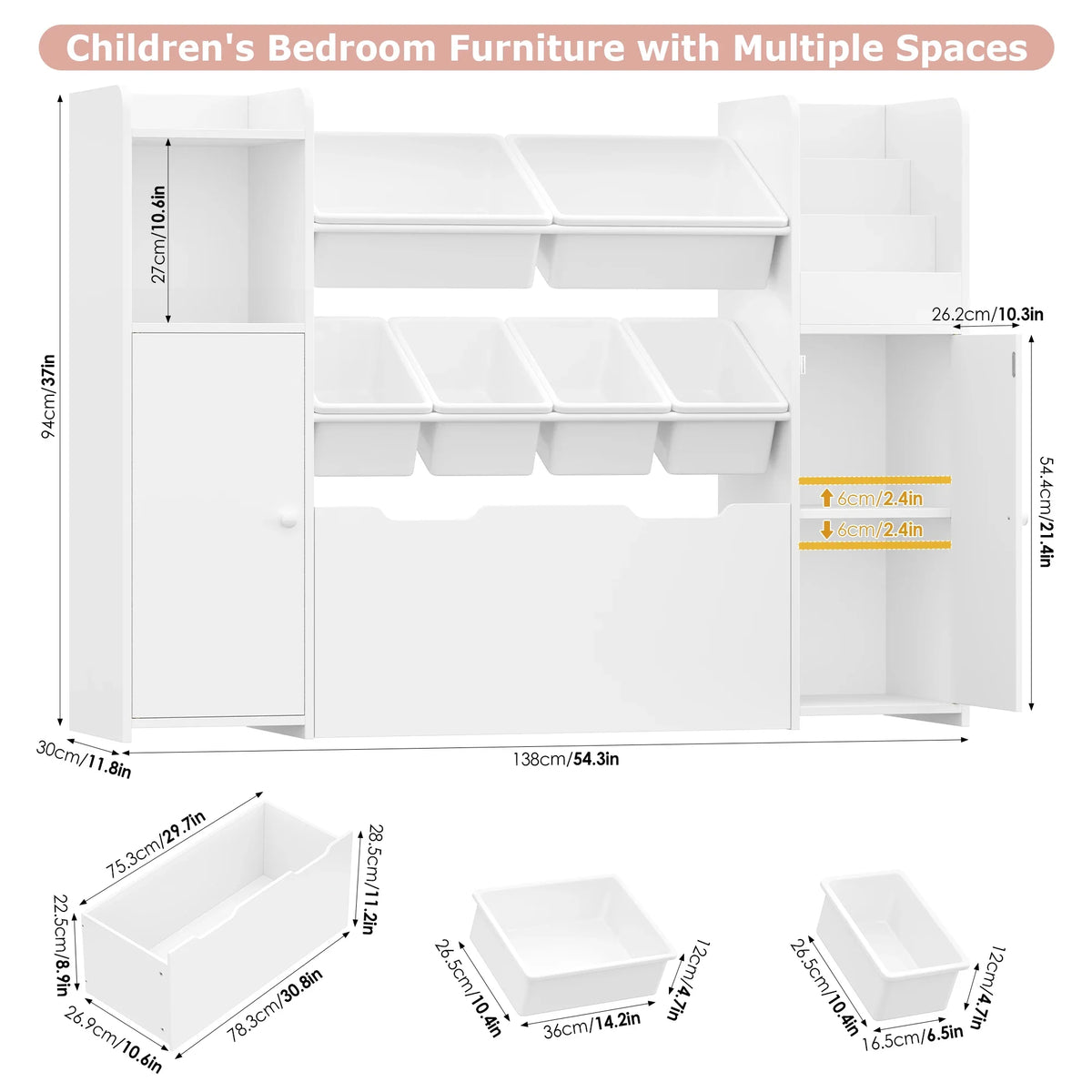 Meuble à jouets 6 bacs 2 portes à roulettes 138cm Lilla Kids