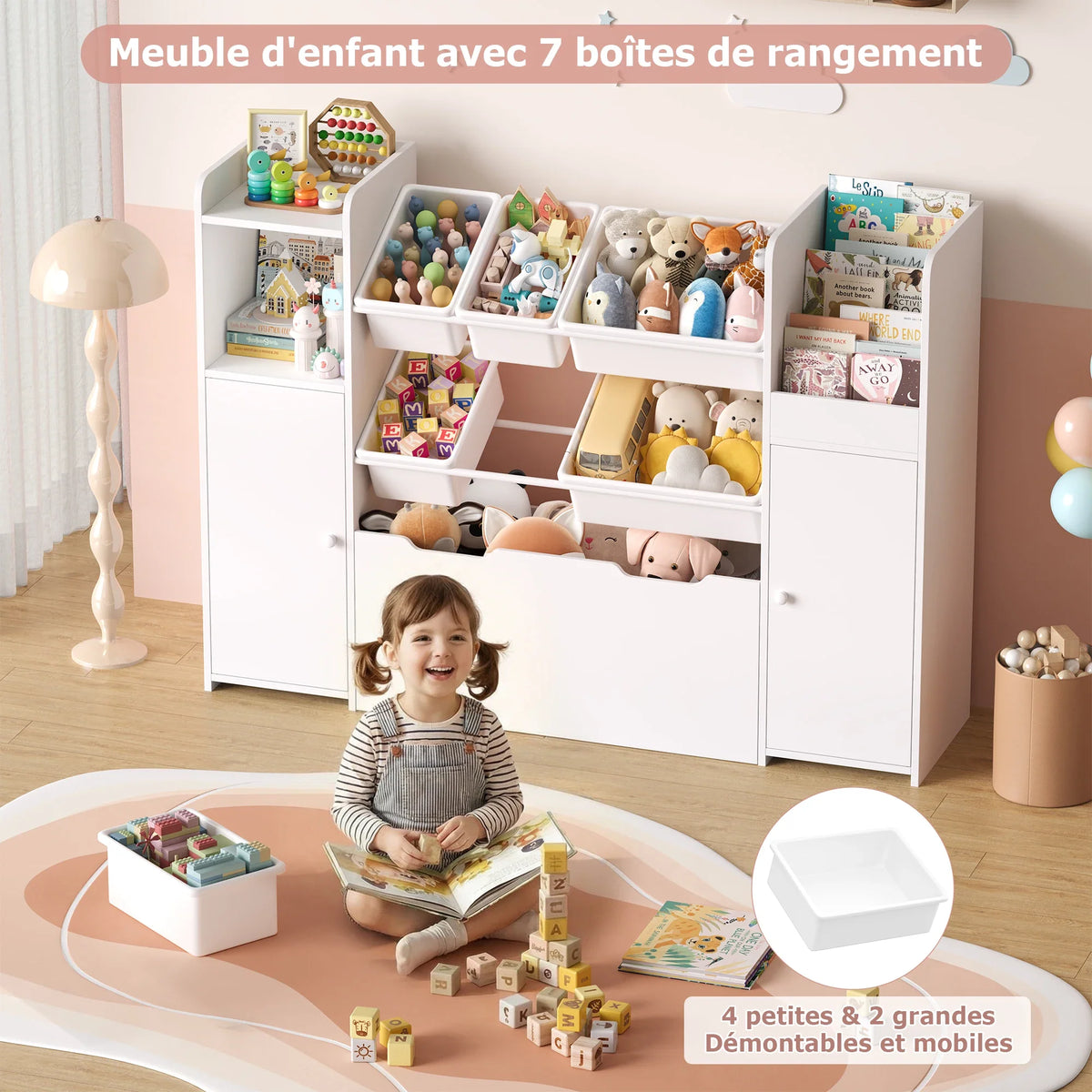 Meuble à jouets 6 bacs 2 portes à roulettes 138cm Lilla Kids