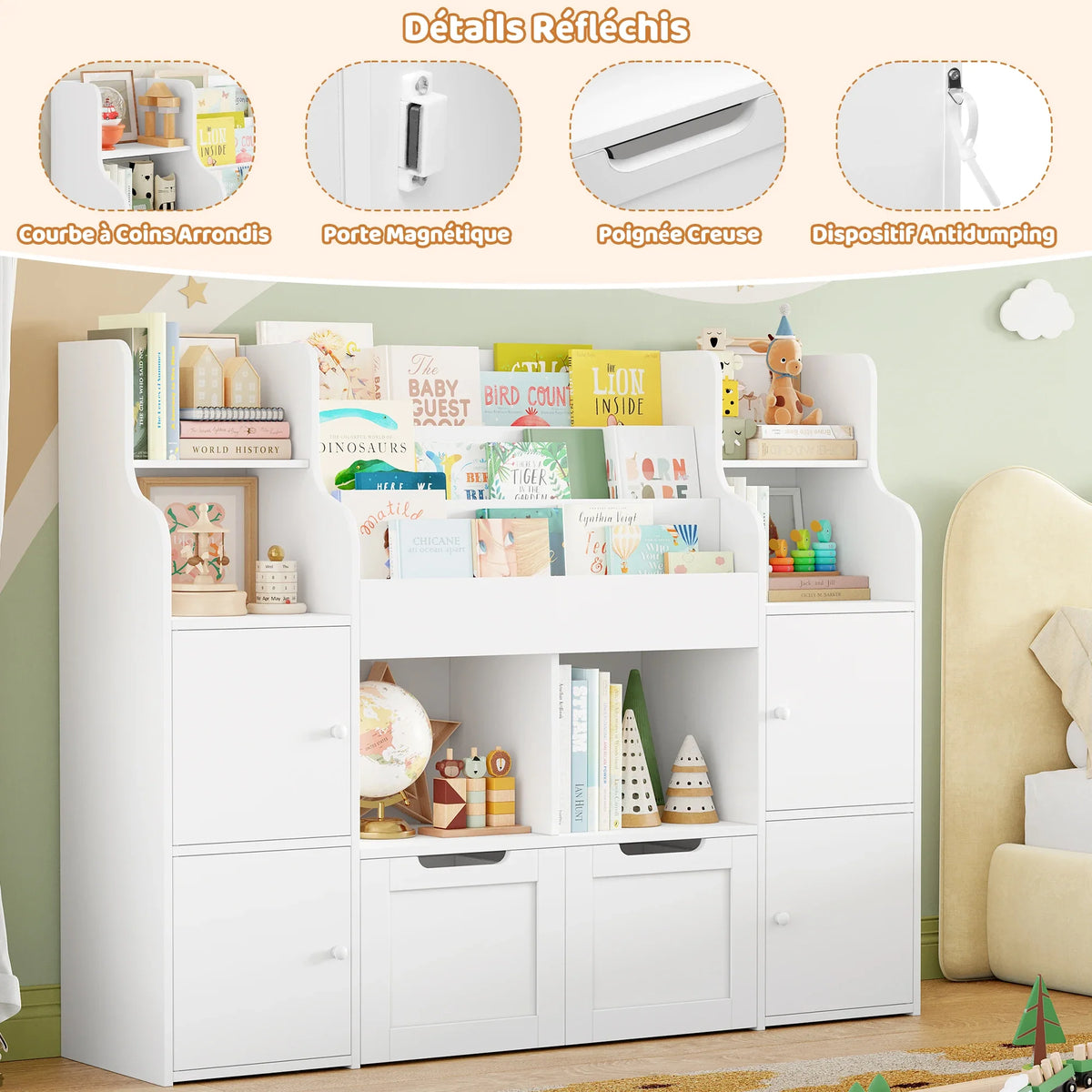 Meuble à jouets 8 bacs 4 portes à roulettes 122cm Lilla Kids