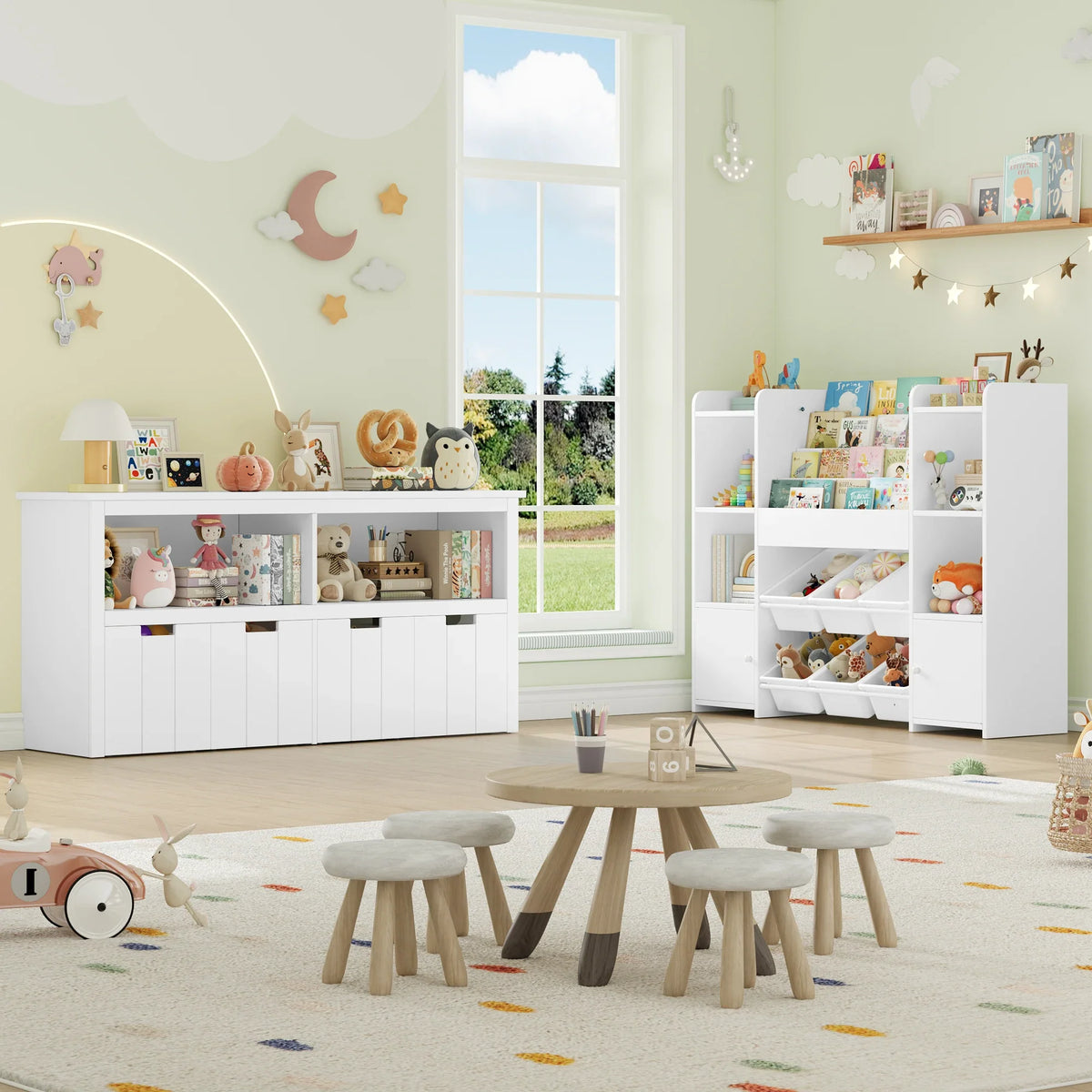Meuble à jouets enfant 4 bacs à roulettes 120cm Lilla Kids