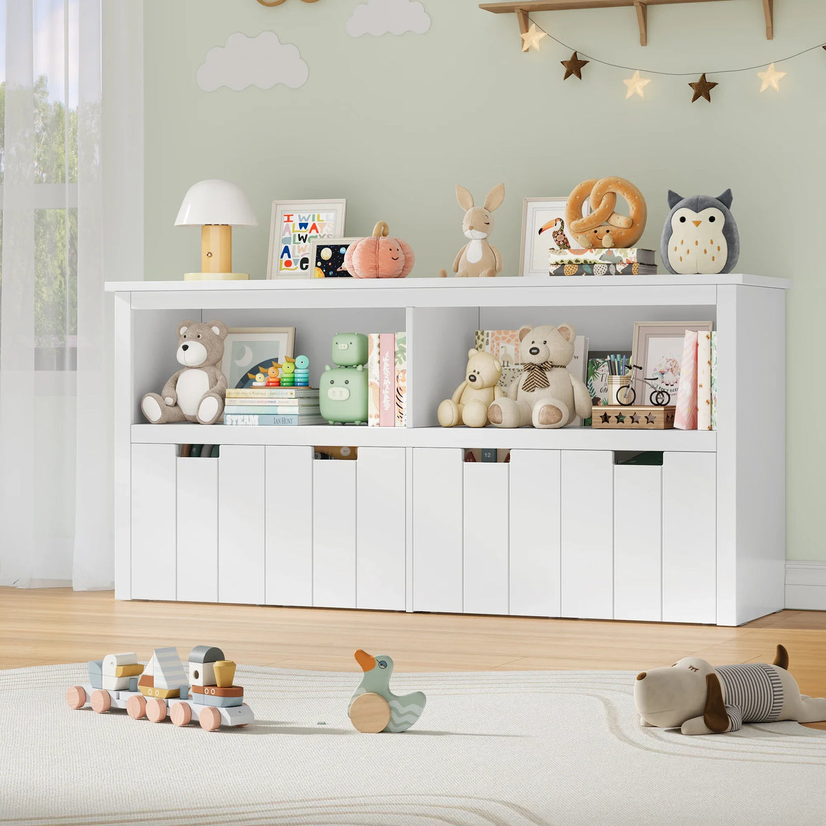 Meuble à jouets enfant 4 bacs à roulettes 120cm Lilla Kids