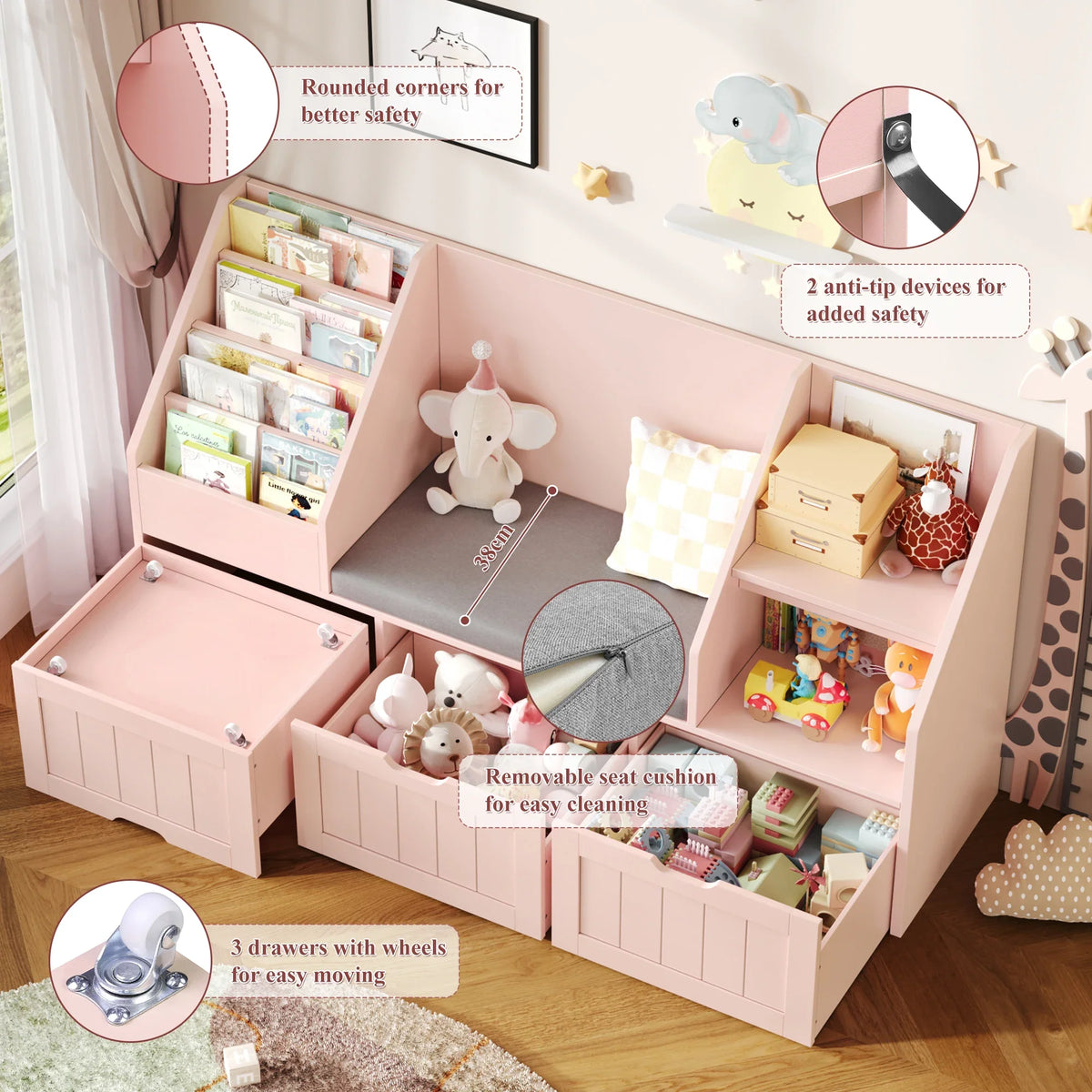 Meuble à jouets enfant avec banc 3 bacs 140cm Lilla Kids