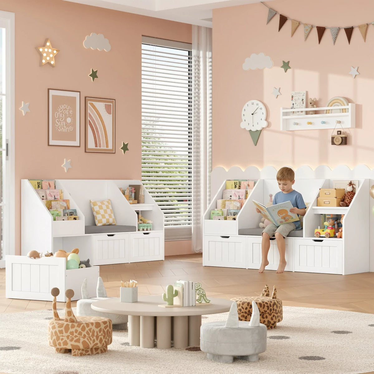 Meuble à jouets enfant avec banc 3 bacs 140cm Lilla Kids