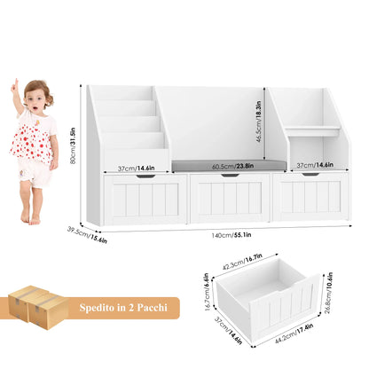 Meuble à jouets enfant avec banc 3 bacs 140cm Lilla Kids