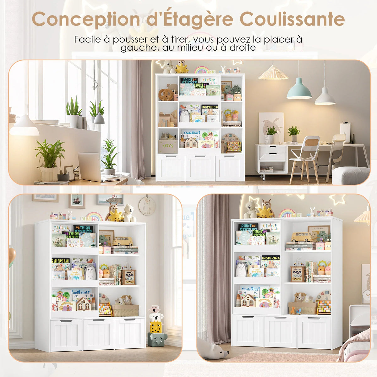 Meuble à jouets porte coulissante 3 tiroirs 100cm Lilla Kids