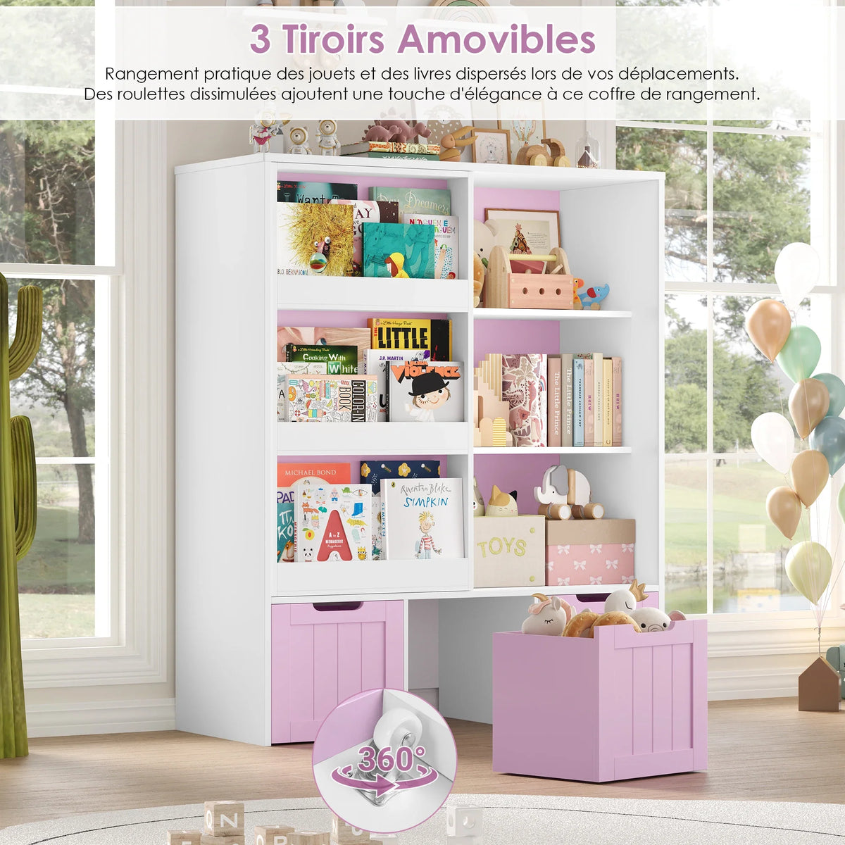 Meuble à jouets porte coulissante 3 tiroirs 100cm Lilla Kids