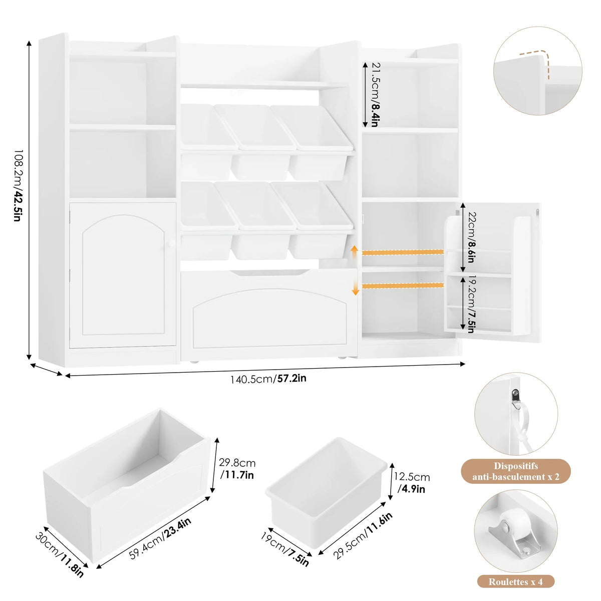Meuble de rangement enfant 6 bacs et tiroir 140cm Lilla Kids