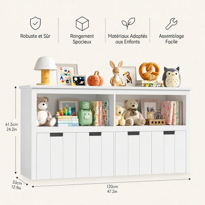 Armoire de rangement pour jouets d'enfants, 4 bacs sur roulettes